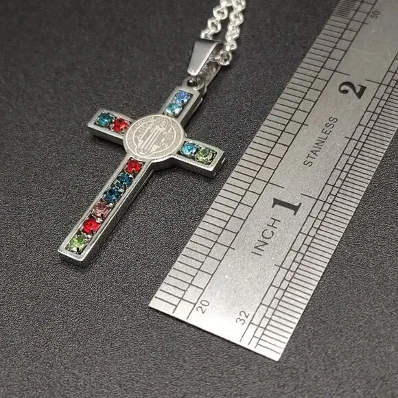 925 Silver Necklace W/ Jesus Cross Multicolor Gemstones Anniversary Birthday NEW